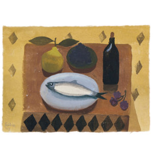 Mary Fedden. Still life with fish and pear.
