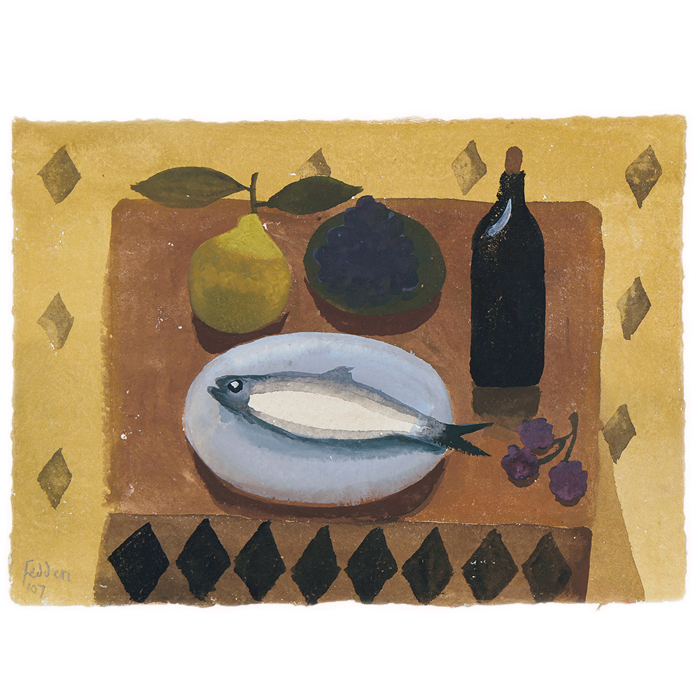 MARY FEDDEN. STILL LIFE WITH FISH AND PEAR. 2007. SOLD