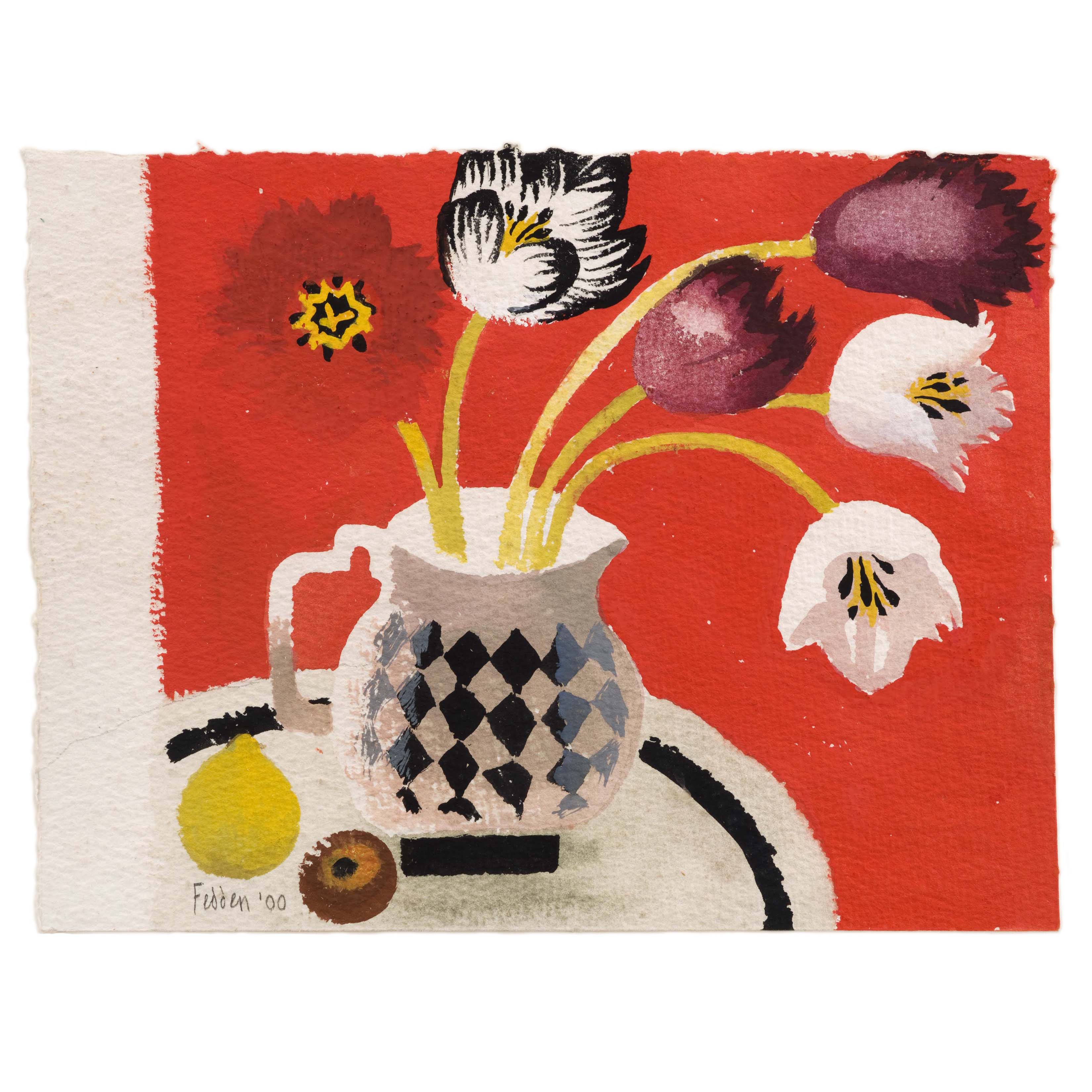 MARY FEDDEN. TULIPS ON RED. 2000. SOLD