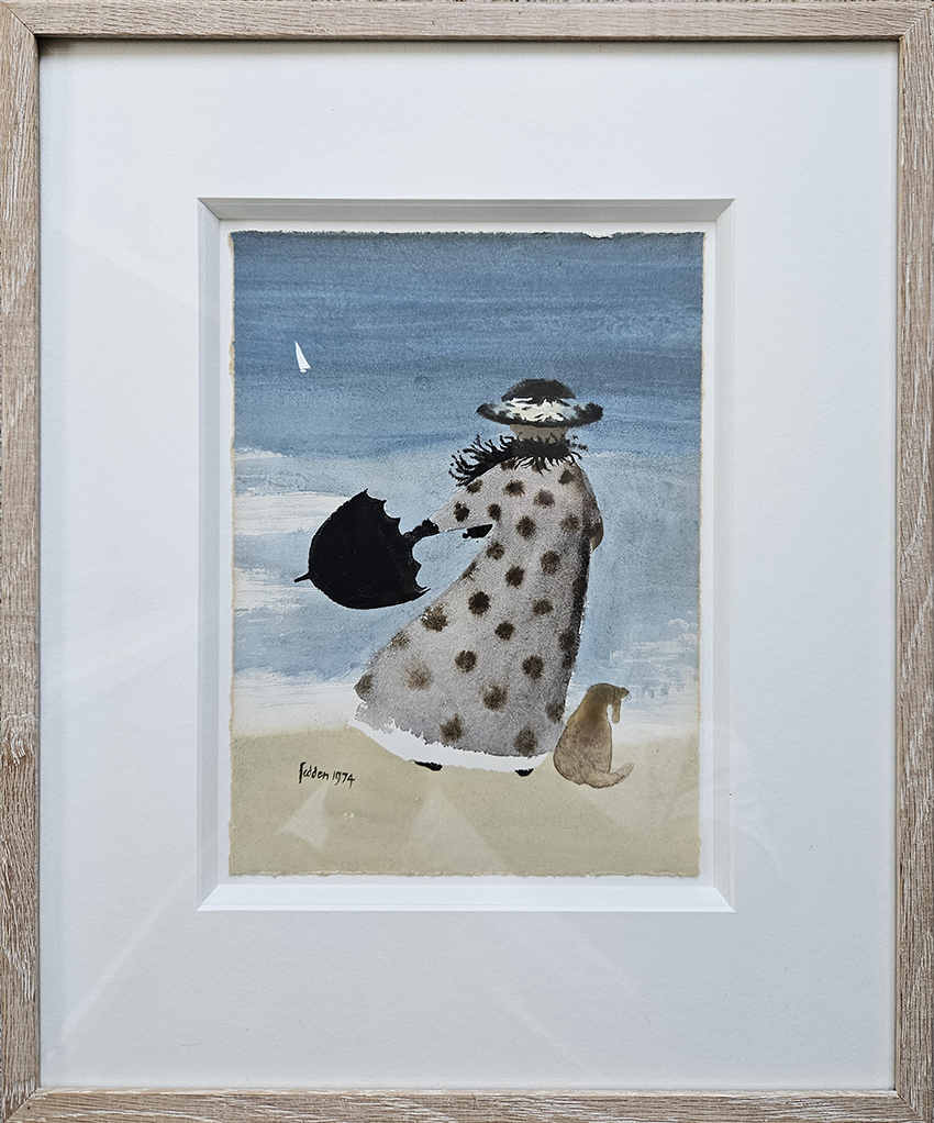 Mary Fedden watercolour of lady and her dog walking on the beach on a rainy day. Overlooking the sea with a sailing boat in the far distance. Framed in limed oak frame.