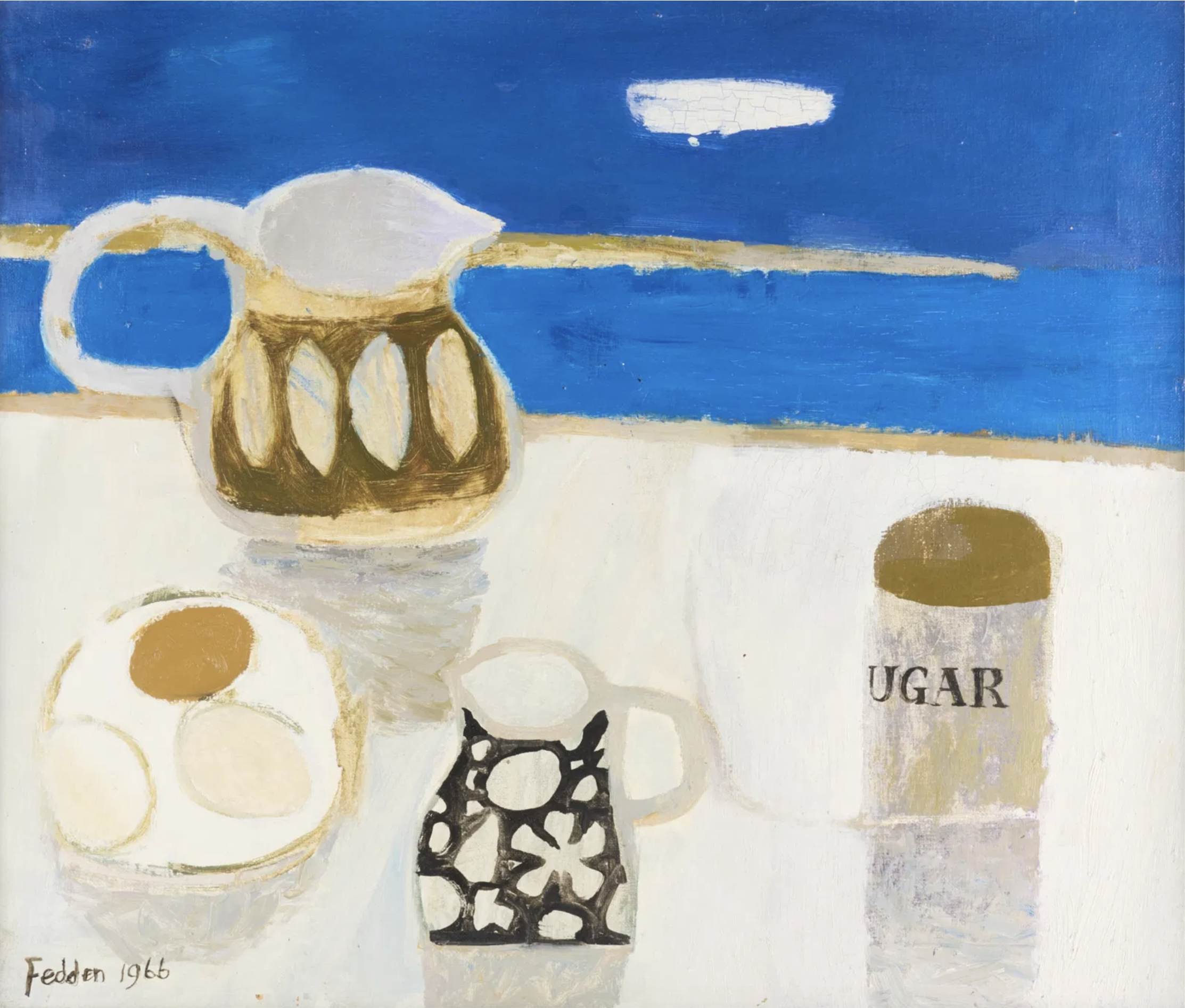 Mary Fedden oil painting of a still life with jugs, eggs and a sugar pot in front of a rich blue sky and seascape. Painted in 1966. For sale.