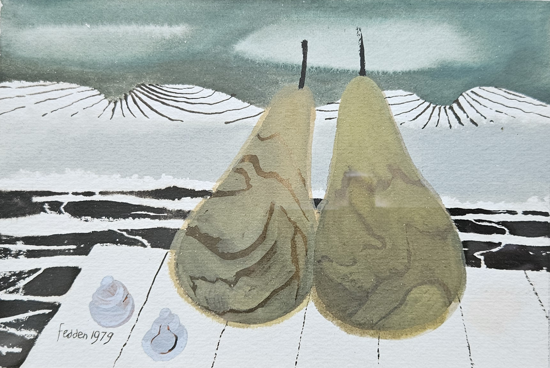 Mary Fedden watercolour of two pears on a table with a hilly landscape in the background