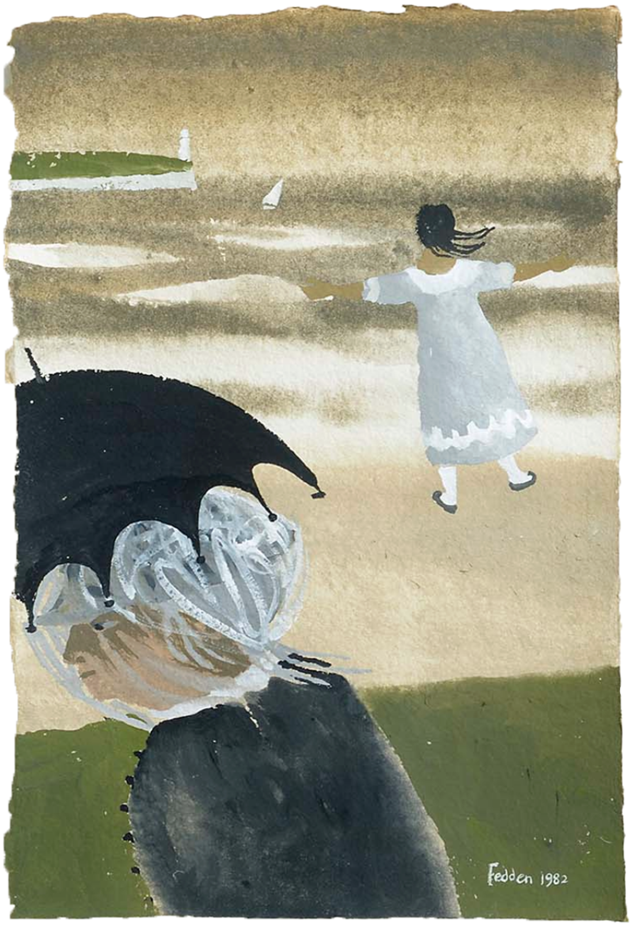 Mary Fedden painting of a young girl on a windy beach with a sailing boat on the horizon and an oder lady with umbrella in the foreground