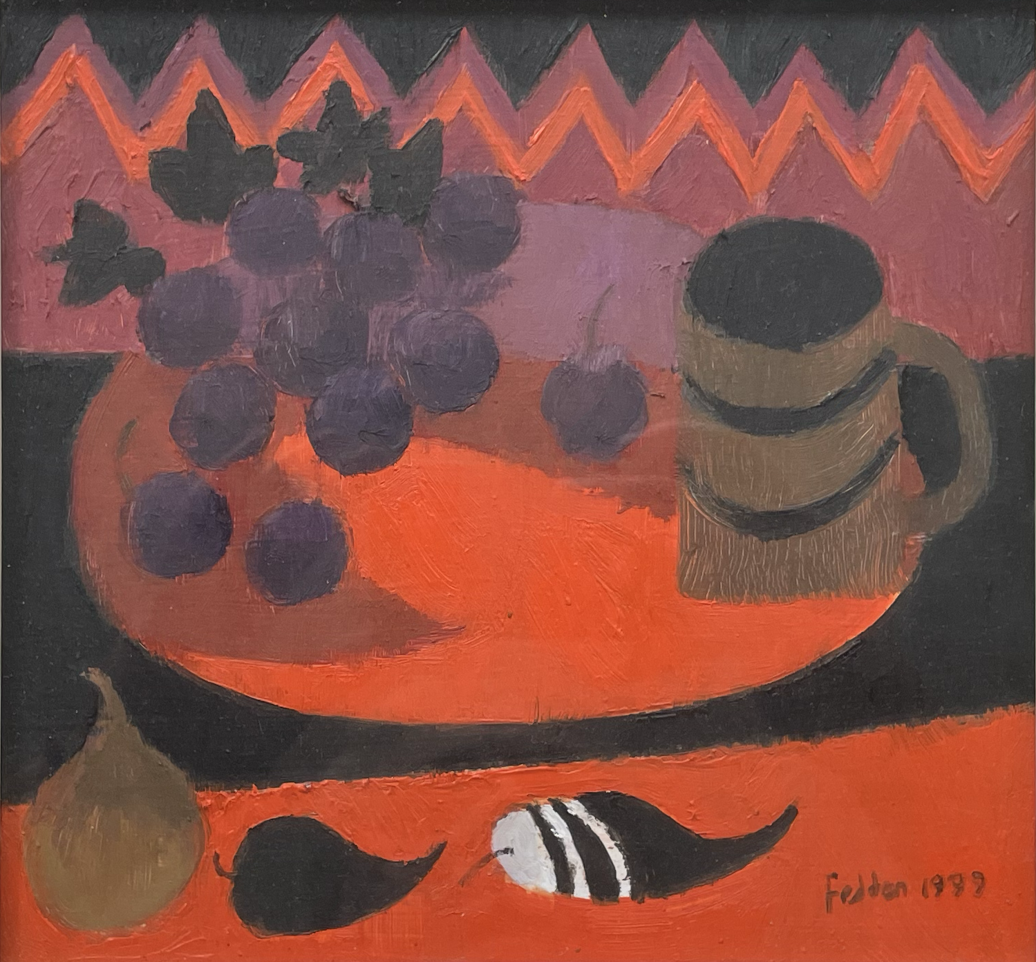 Mary Fedden oil painting of a table top still life with fruit and a mug, mainly painted in red and black