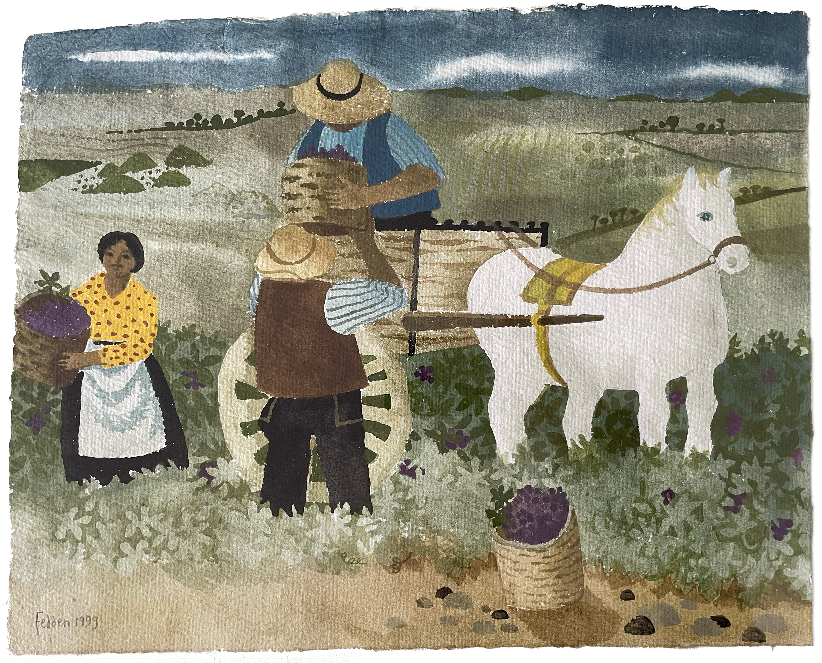 Mary Fedden painting of the grape harvest with a horse and cart