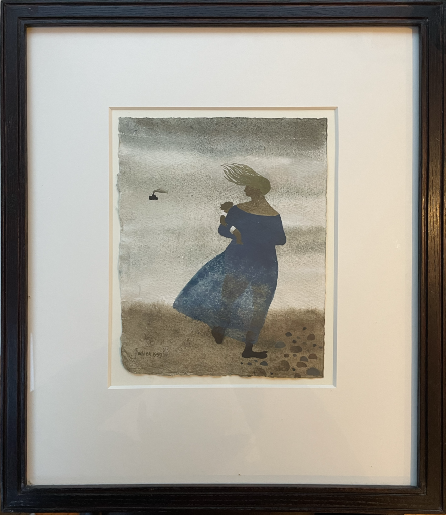 Mary Fedden watercolour gouache painting of a mother and her baby on the beach