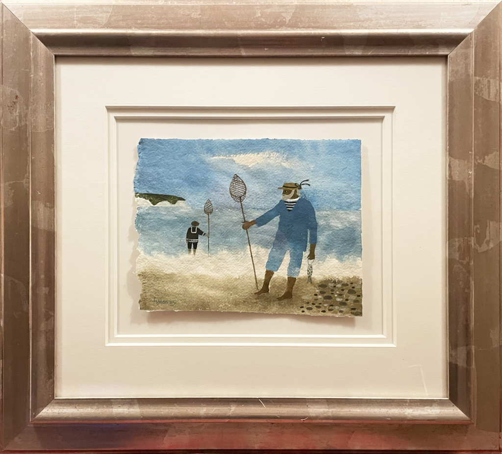 Mary Fedden painting of her husband Julian Trevelyan on the beach with a child and fishing nets