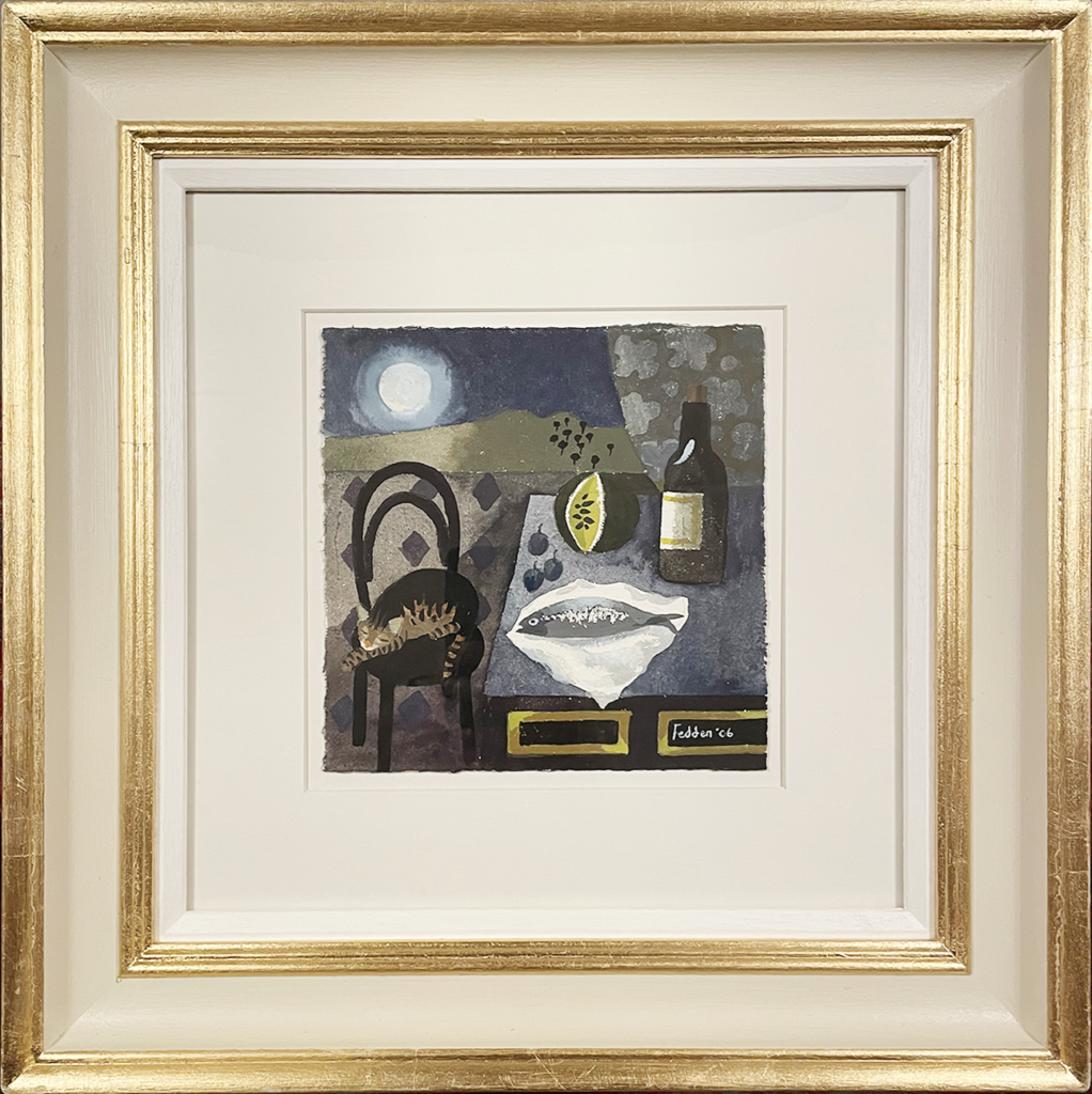 Mary Fedden painting of a cat in the moonlight in a good cream and gilt frame