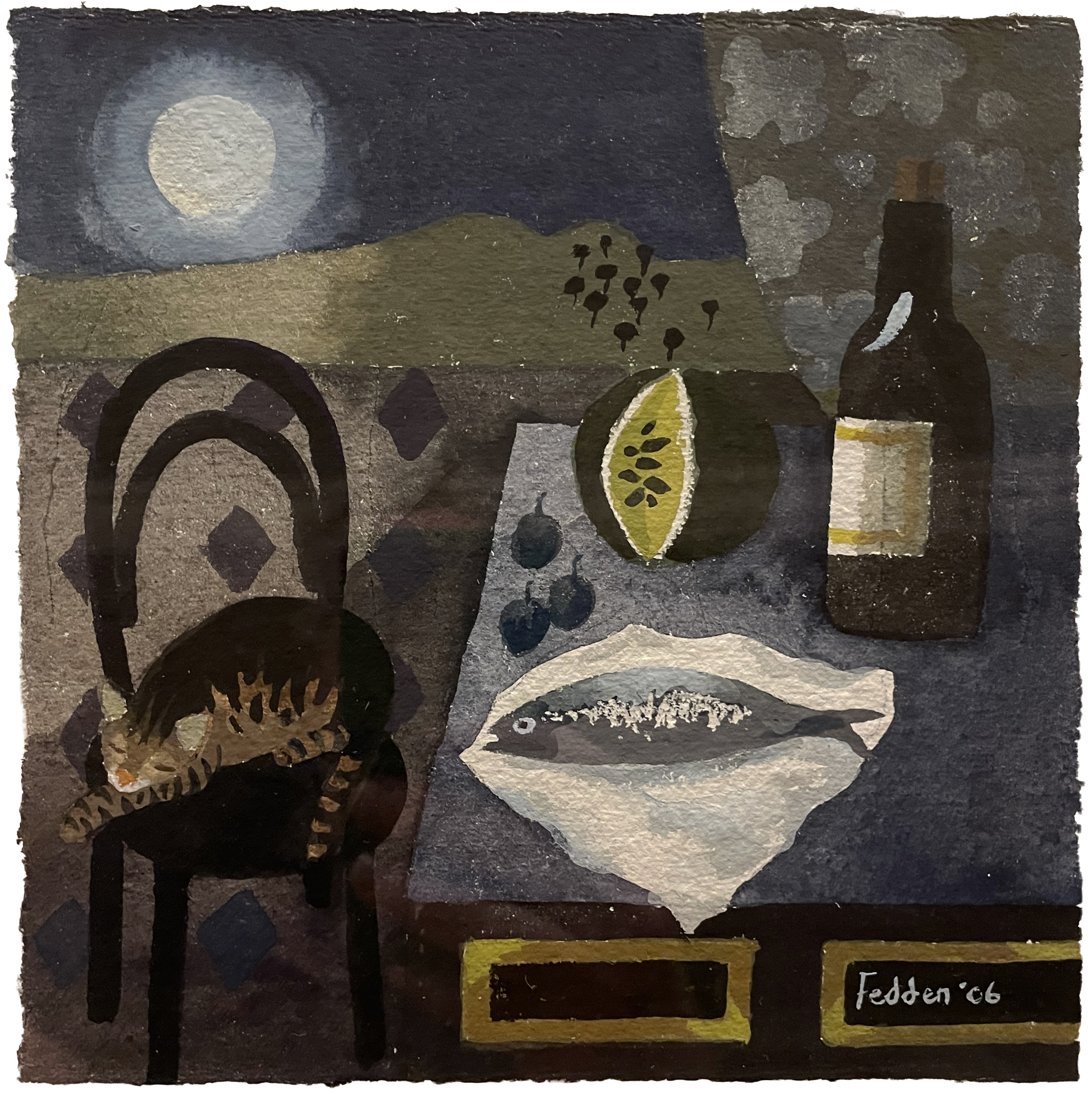 Mary Fedden painting of a tabby cat asleep on a chair in the moonlight next to a table covered in fruit, fish and a bottle of wine