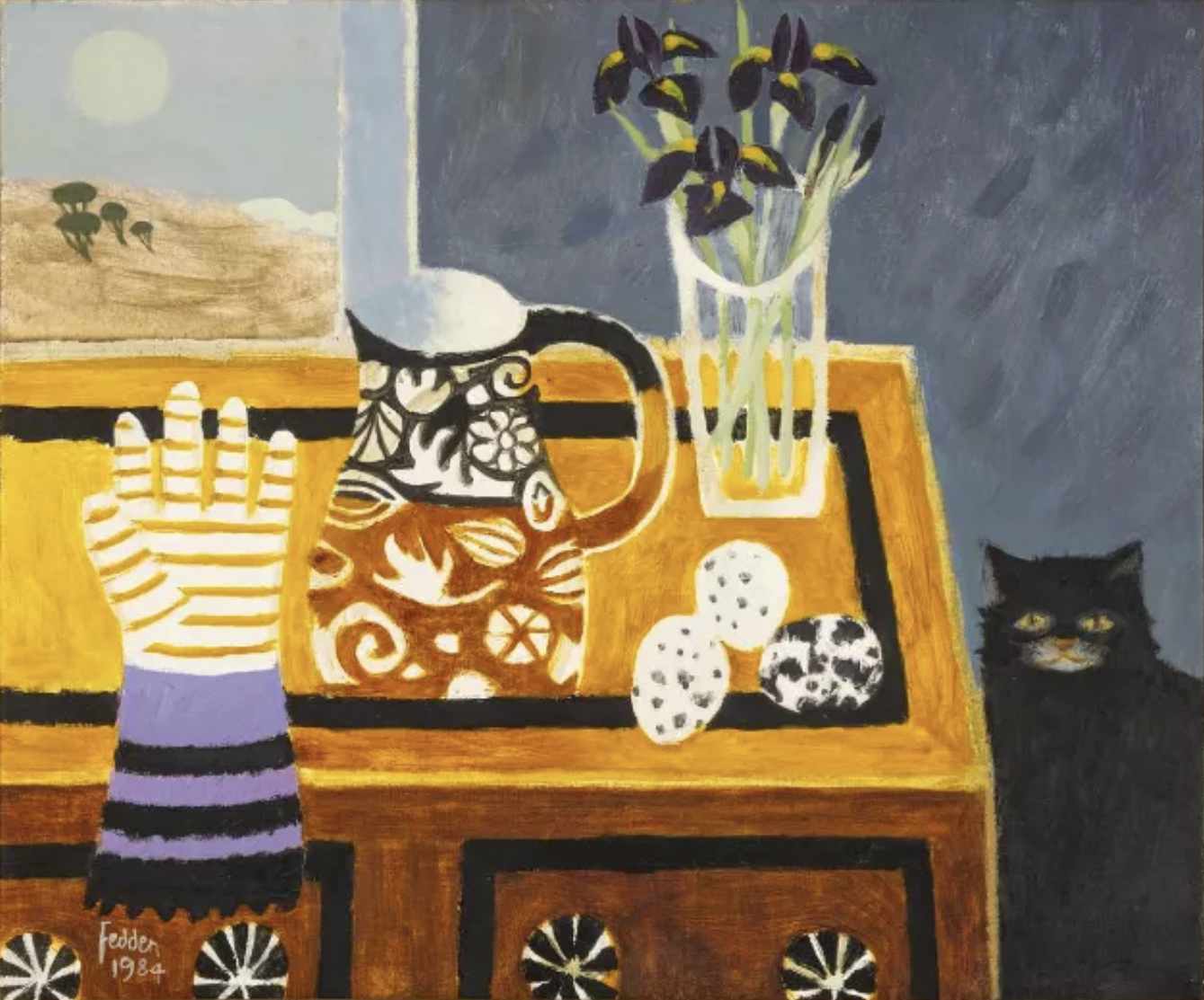 Oil painting by Mary Fedden with a black cat next to a desk, striped glove, Charlotte's glove, eggs and a bowl of irises