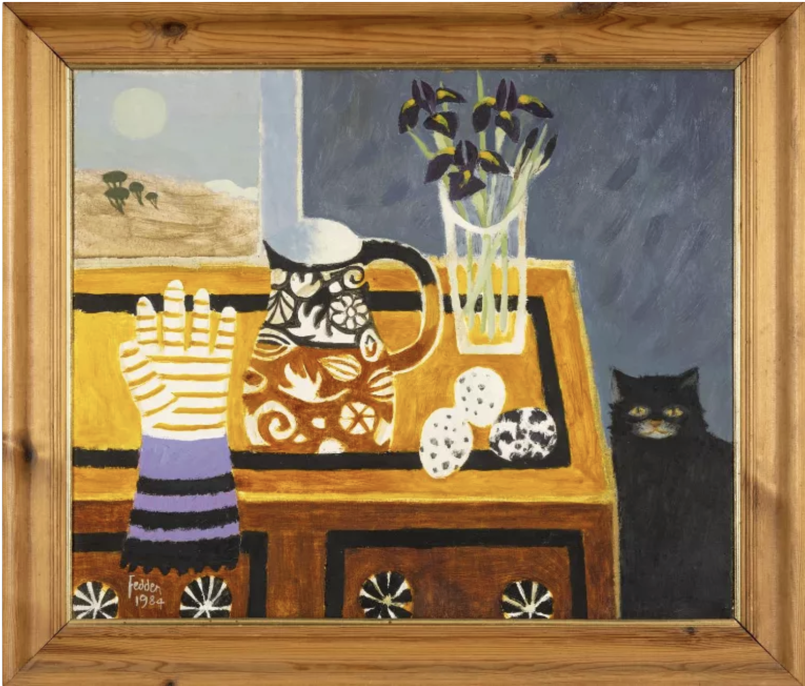 Framed oil painting by Mary Fedden of a black cat next to a still life including a striped glove, Charlotte's glove, eggs and avase of black irises