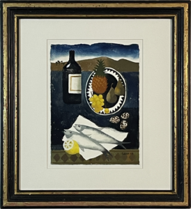 Mary Fedden still life painting of two fish with fruit and a bottle of wine in front of a evening landscape