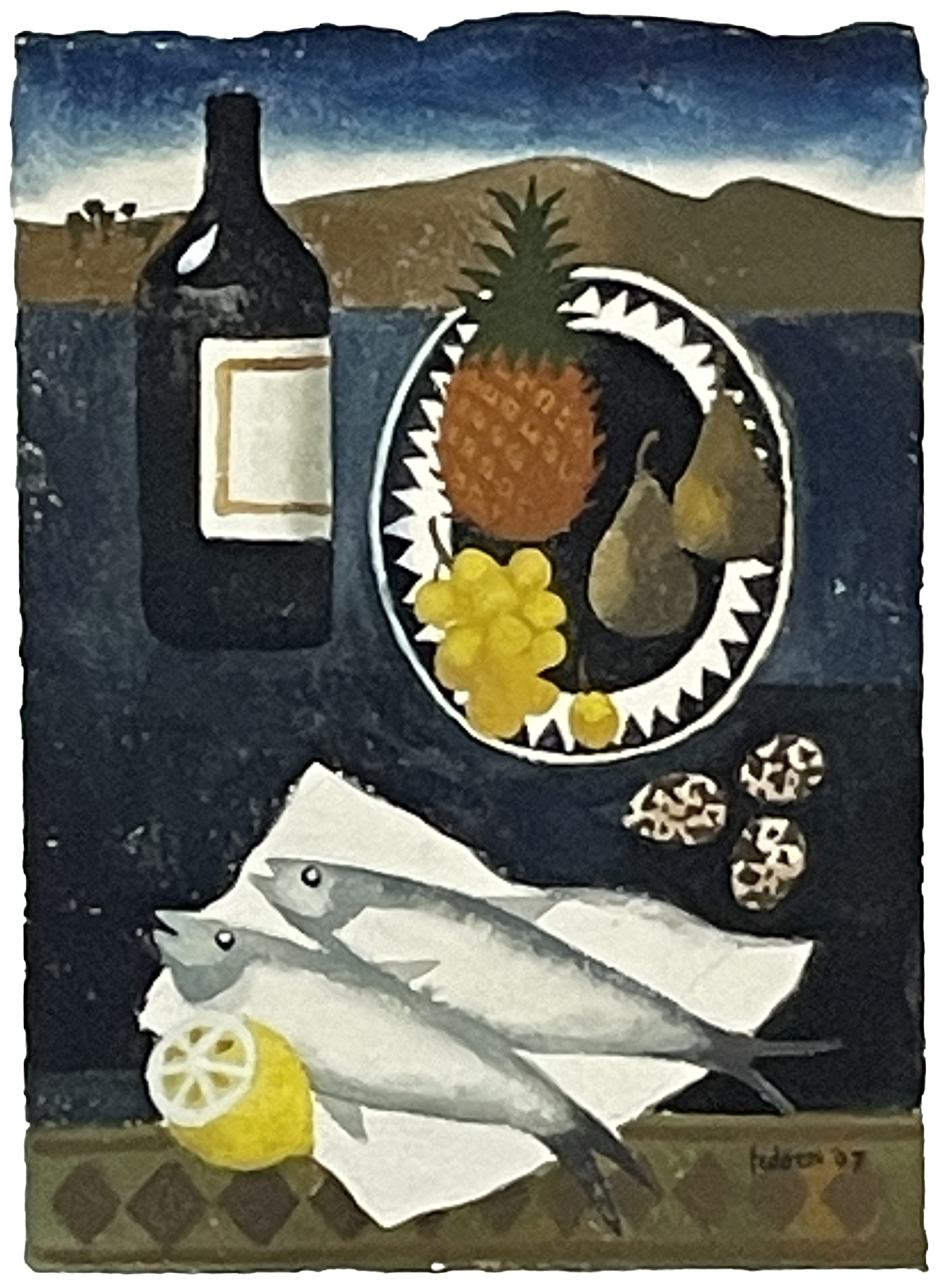 Mary Fedden still life painting of two fish with fruit and a bottle of wine in front of a evening landscape