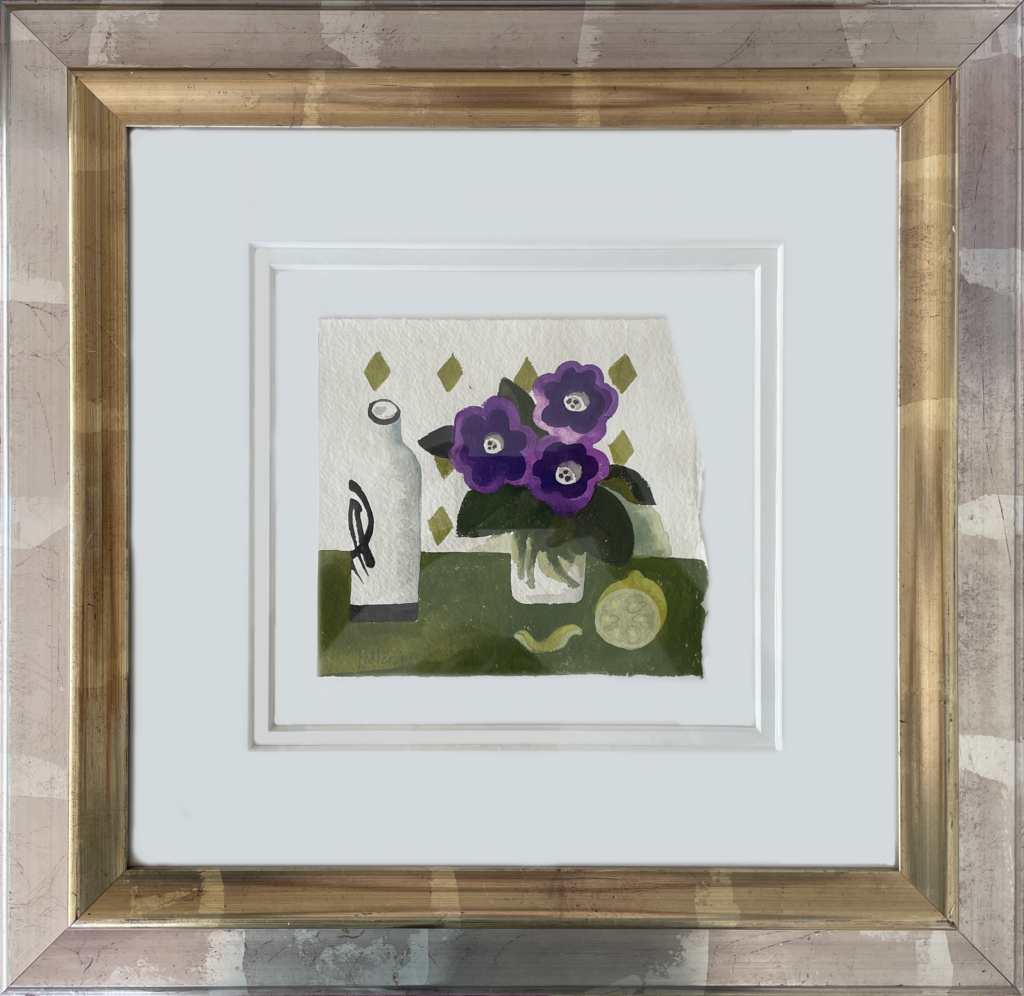 A framed Mary Fedden gouache / watercolour painting of purple African violets, a saki bottle and a lemon