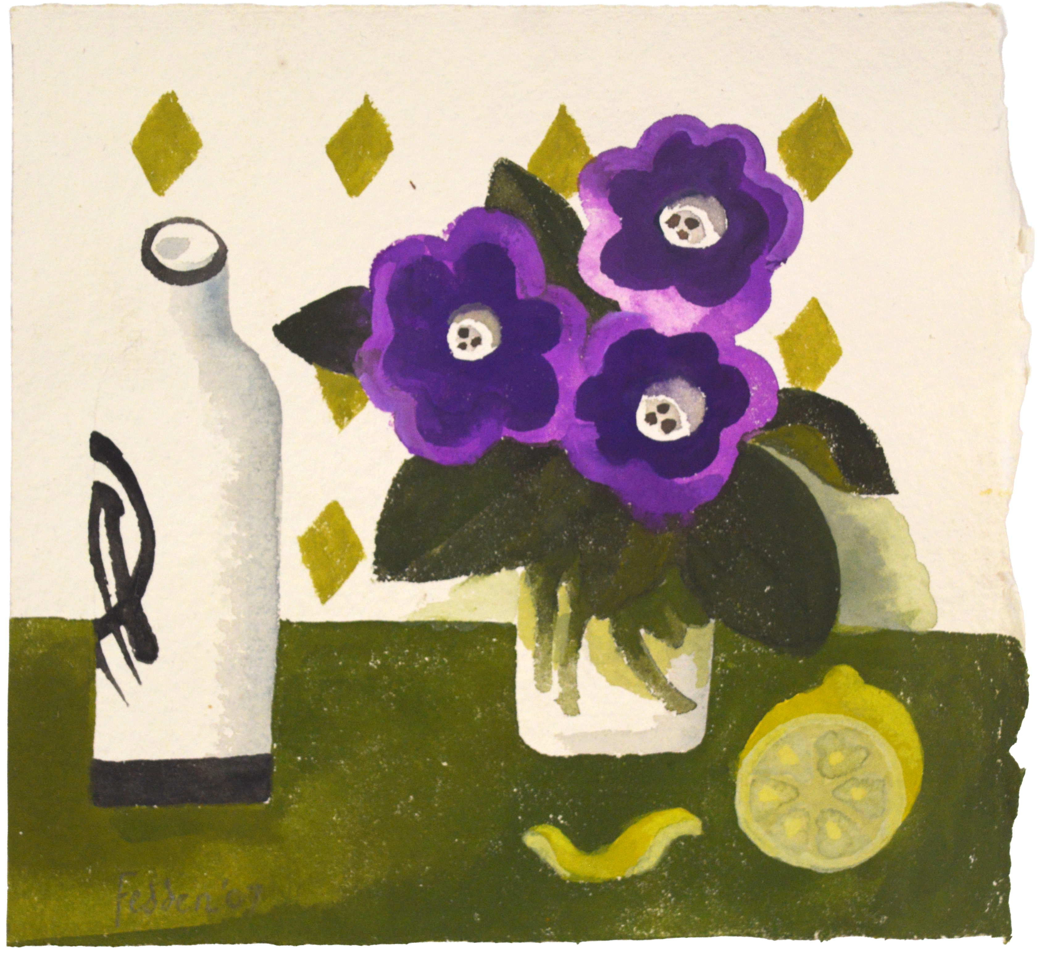 Mary Fedden gouache / watercolour painting of purple African violets, a saki bottle and a lemon