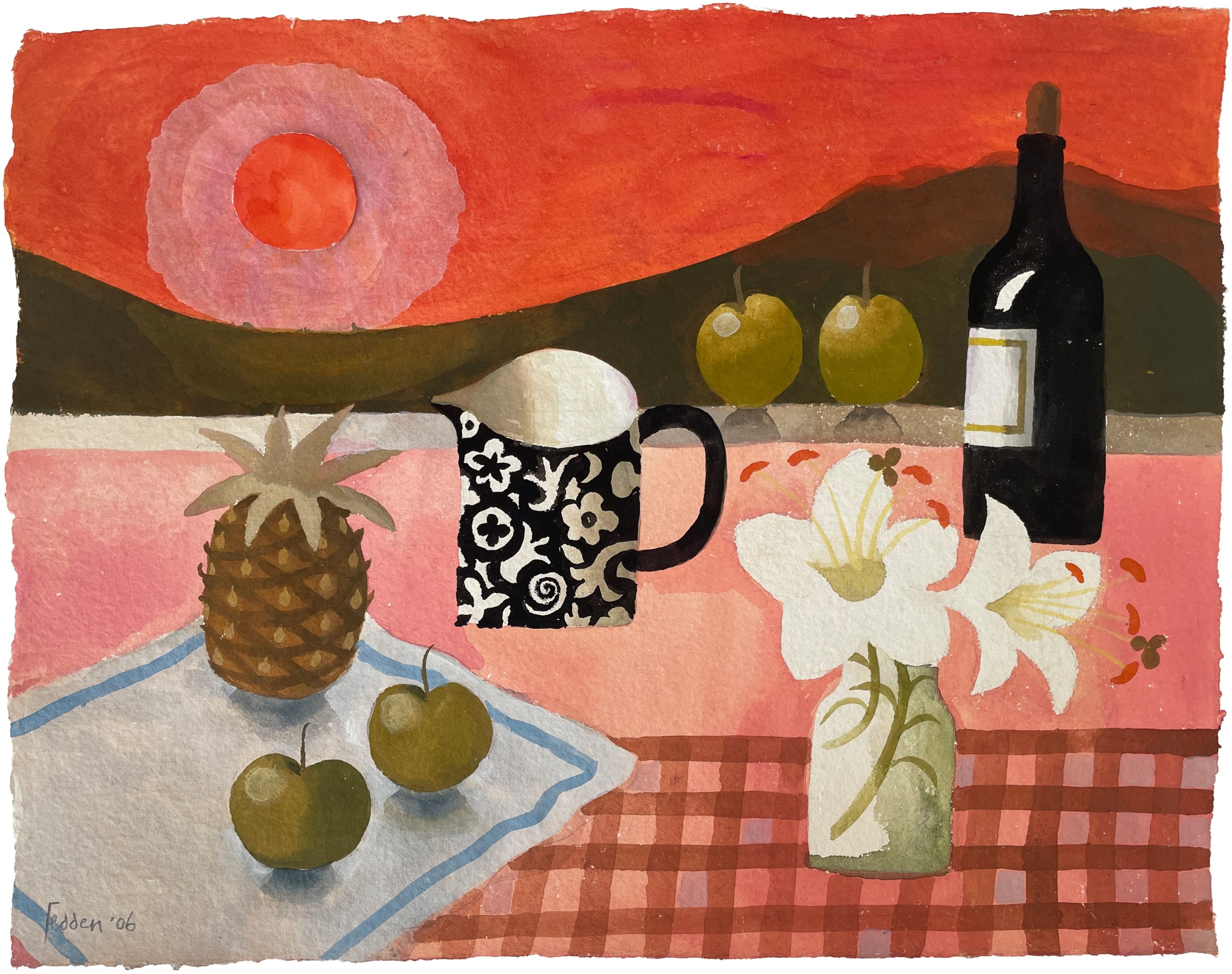 Mary Fedden gouache / collage painting of a still life in front of a hot red sunset, including apples, a pineapple, Charlotte's jug, white lilies and a bottle of wine