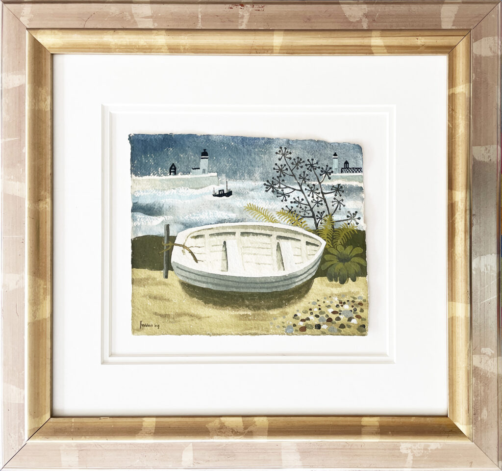 Framed Mary Fedden gouache / watercolour painting of a rowing boat with Whitby Harbour in the background