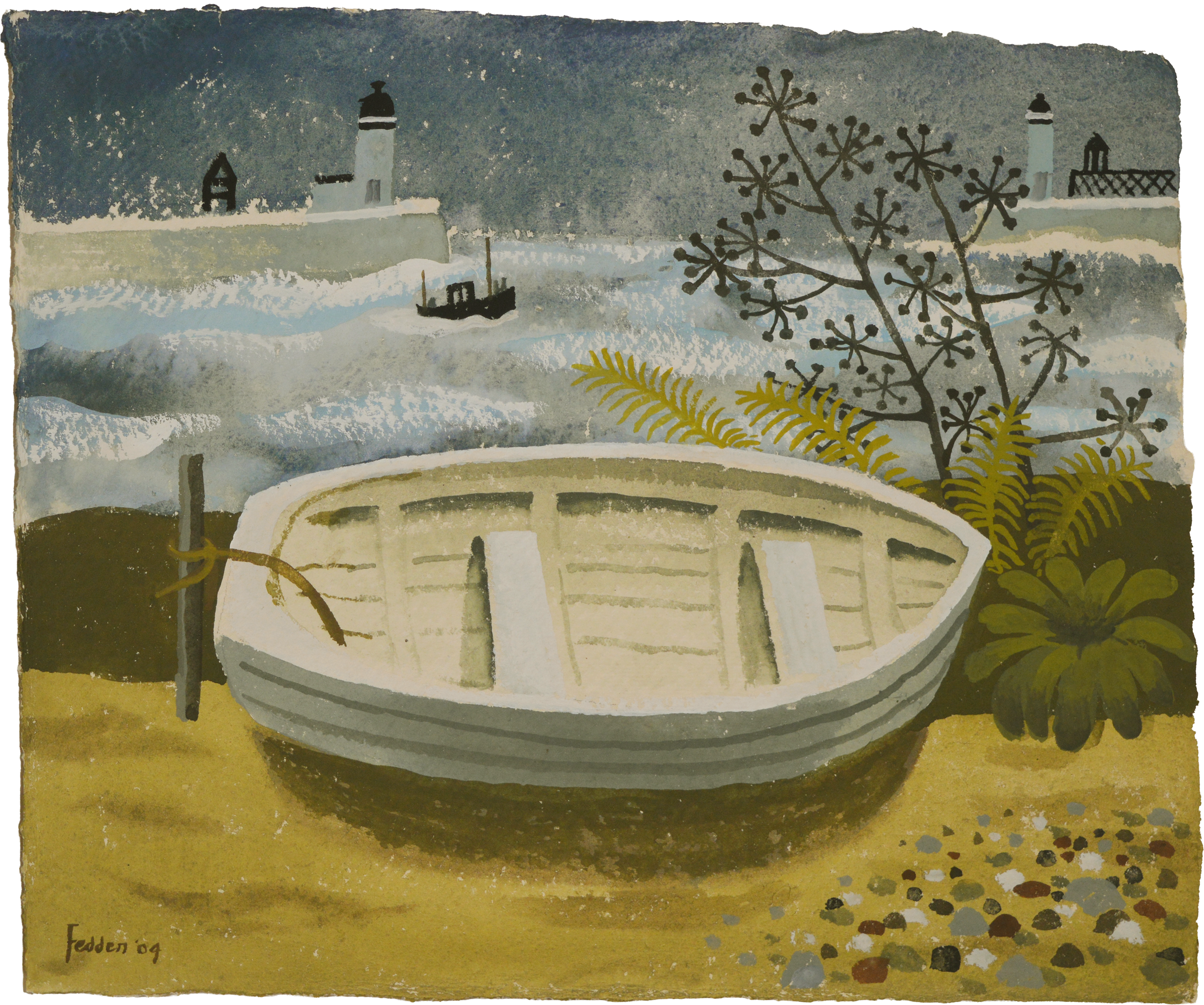 Mary Fedden gouache / watercolour painting of a rowing boat with Whitby Harbour in the background