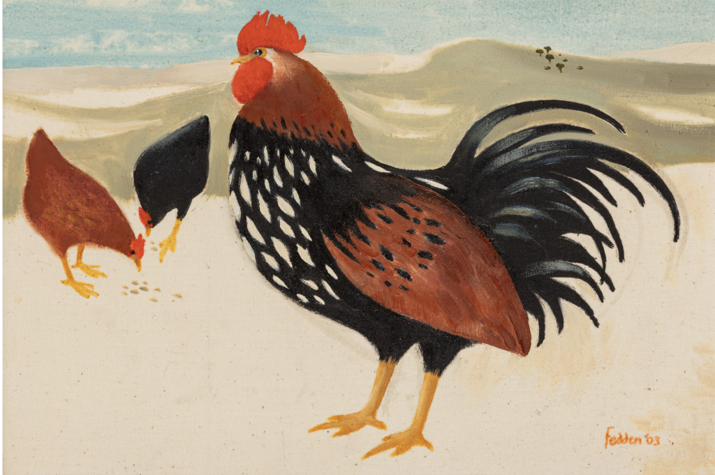 Mary Fedden oil painting of a handsome cockeral and two hens feeding in a landscape