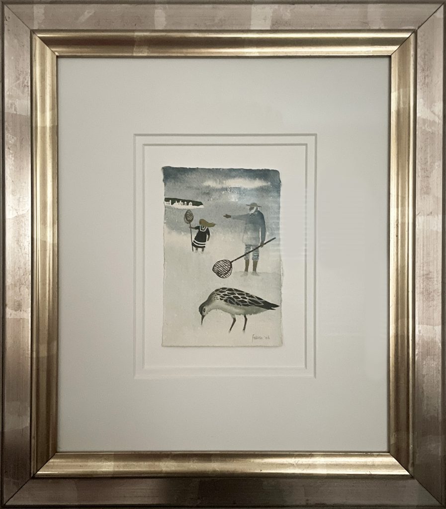 A Mary Fedden watercolour and gouche painting of Julian Trevelyan and a small child fishing on a white sandy beach with a curlew sandpiper in the foreground. Framed