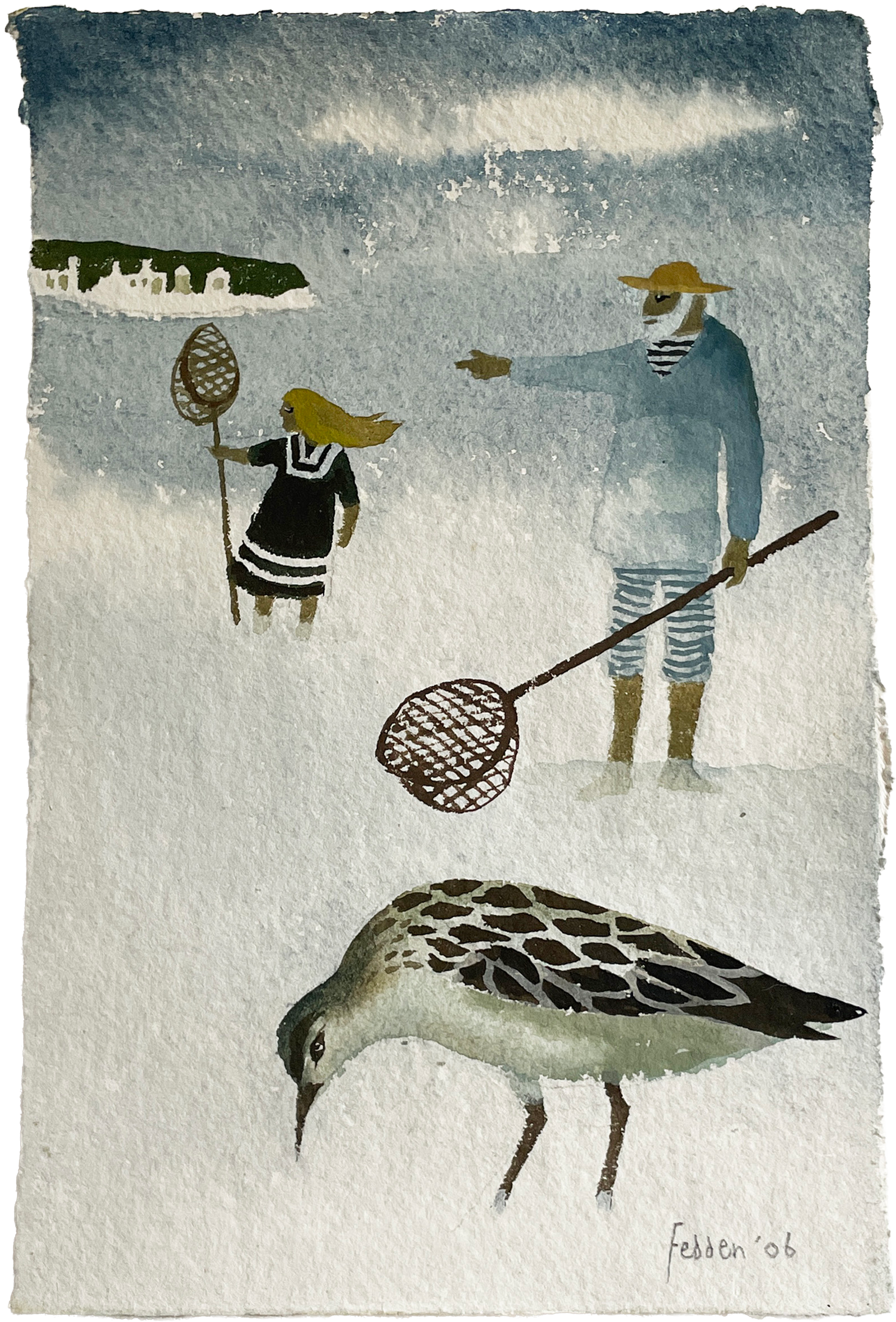 A Mary Fedden watercolour and gouche painting of Julian Trevelyan and a small child fishing on a white sandy beach with a curlew sandpiper in the foreground